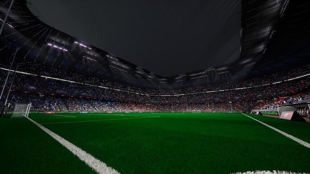 Night Euro Stadium arena campo vacío multitud de fanáticos banderas del equipo azul y rojo 4k render