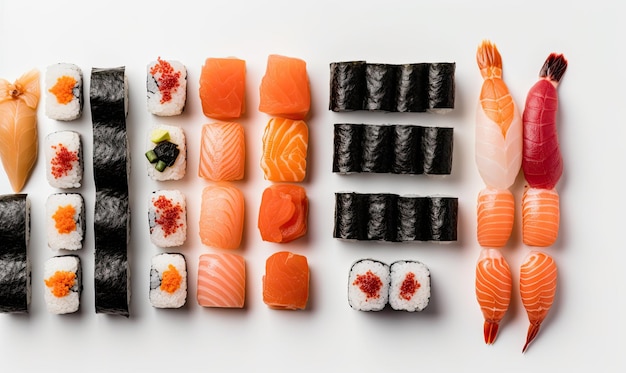 Nigiri e maki peças de sushi dispostas em um padrão decorativo designe