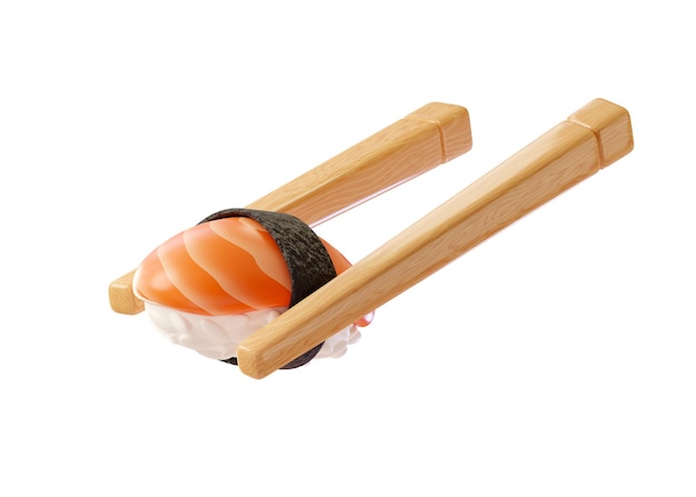 Nigiri japanische Küche Essstäbchen mit Sushi und Lachs auf weißem Hintergrund