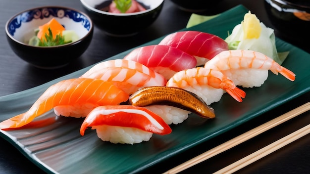 Nigiri sushi com salmão, atum, camarão, camarão-anguia e outros sashimi