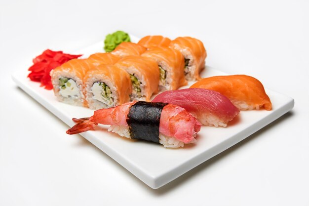 Nigiri sushi com salmão e rolinhos de sushi no prato branco
