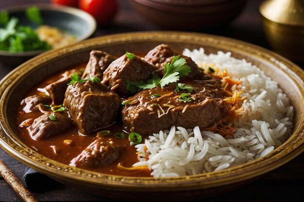 Foto nihari con un lado de arroz basmati al vapor