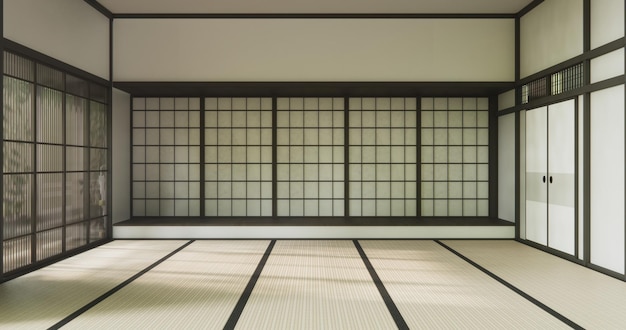 Nihon-Zimmerdesign Interieur mit Türpapier und Schrankregal Wand auf Tatami-Matten Bodenzimmer japanischer Stil 3D-Rendering