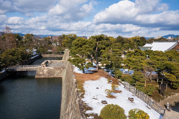 Nijo Castle Innere Steinmauern und Burggraben mit Schnee im Winter Kyoto Japan