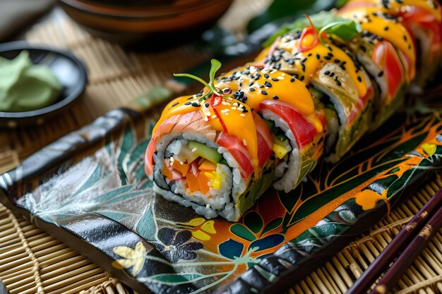 Foto nikkei kaleidoscope colores audaces en una fiesta de fusión culinaria