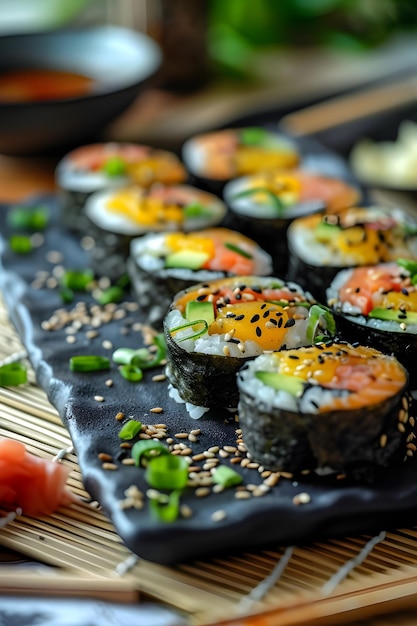 Foto nikkei kaleidoscope cores ousadas em um banquete de fusão culinária