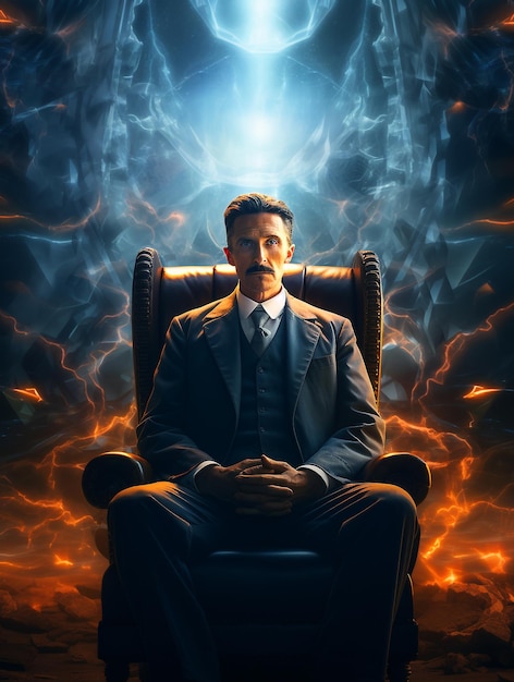 Nikola Tesla con luz de fondo cósmico