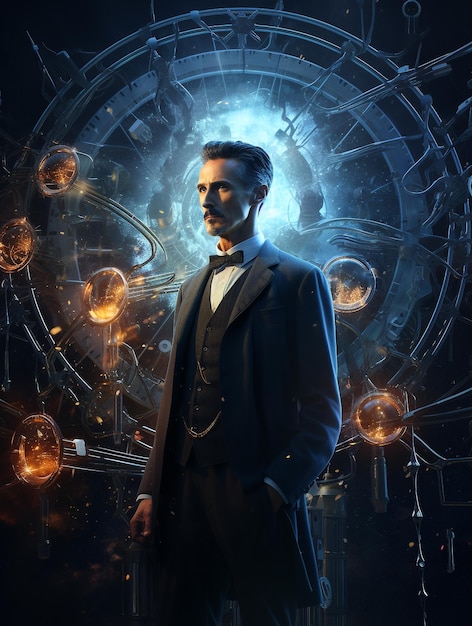 Nikola Tesla con luz de fondo cósmico