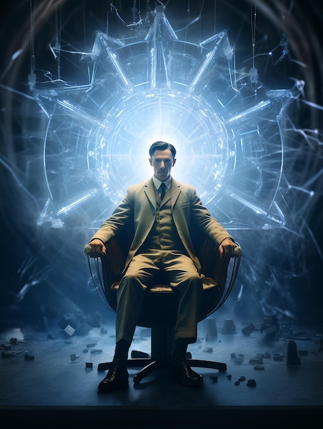 Nikola Tesla con luz de fondo cósmico