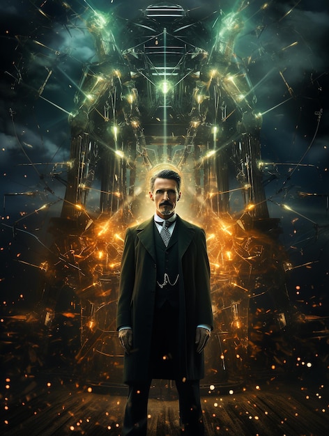 Nikola Tesla mit hellem kosmischen Hintergrund