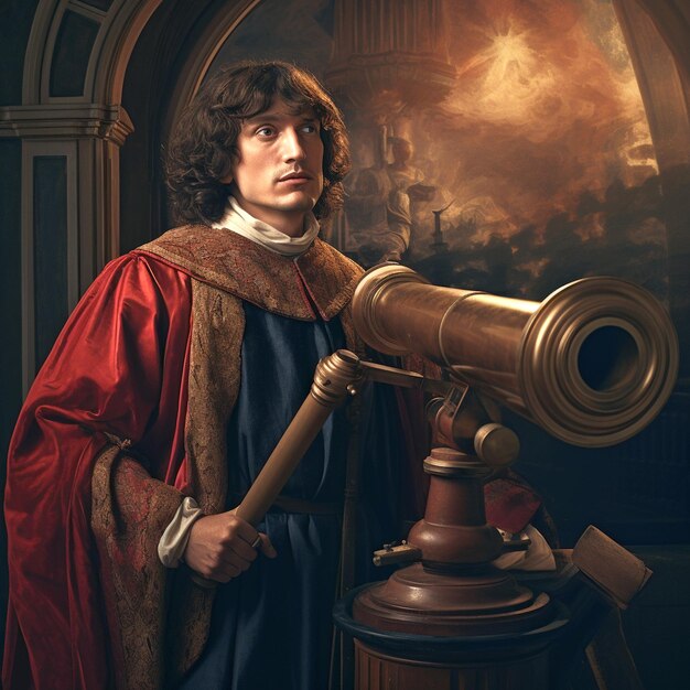 Nikolaus Kopernikus mit einem alten Teleskop