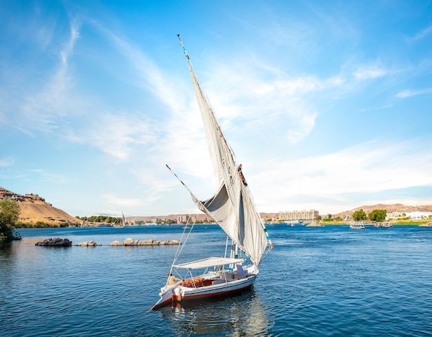 Nil und Boote bei Sonnenuntergang in Assuan