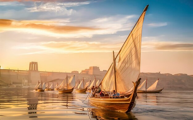 Nil und Boote bei Sonnenuntergang in Assuan