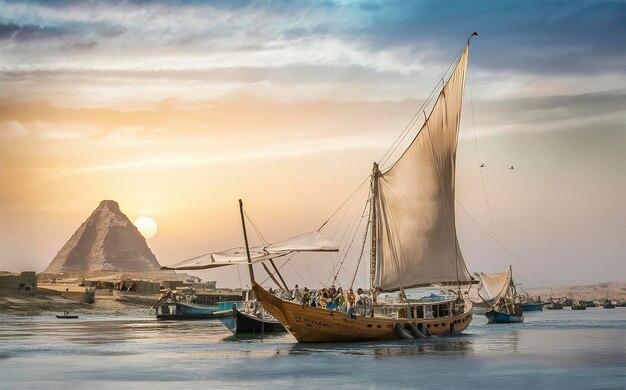 Nil und Boote bei Sonnenuntergang in Assuan