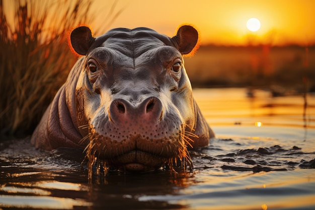 Nilpferd im See, weites Land, Sonnenuntergang am Horizont, ai erzeugt