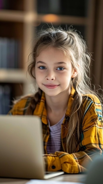 Una niña de 11 años con una computadora portátil en la habitación.