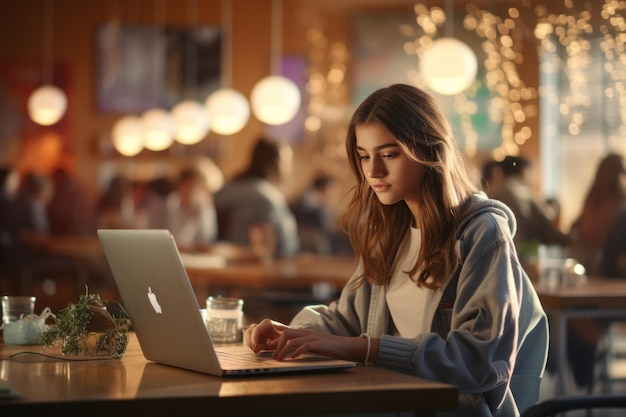 Niña de 15 años escribiendo en una computadora portátil en una mesa en un aula escolar