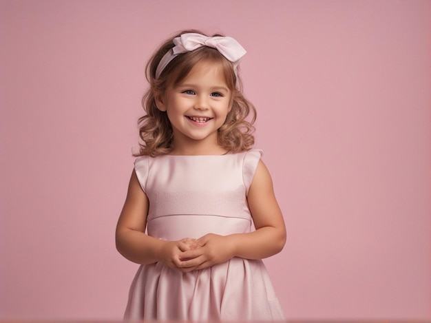 Una niña de 4 años vestida de color rosa claro sobre un fondo pastel