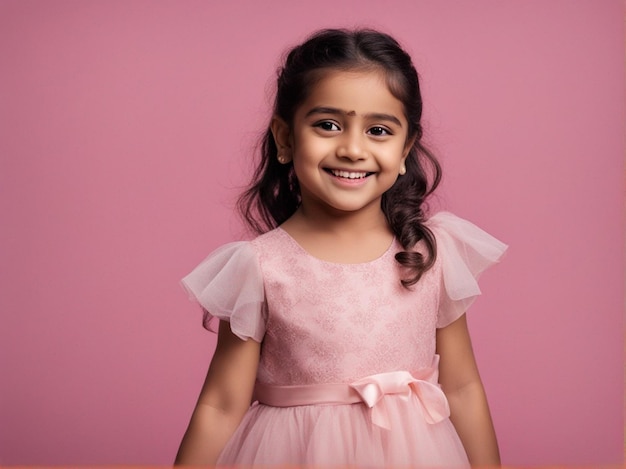 Una niña de 4 años vestida de color rosa claro sobre un fondo pastel