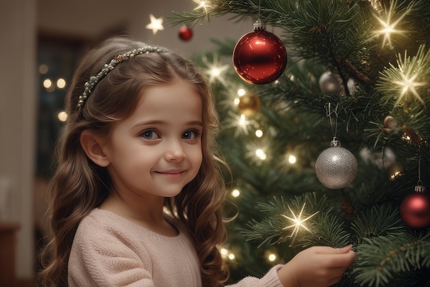 niña con abetoniña con abetoniña decorando árbol de navidad en casa