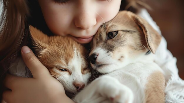 La niña abraza a un cachorro y a un gatito el cachorro le está lamendo la cara y el gatito está durmiendo la niña tiene una expresión feliz en su cara