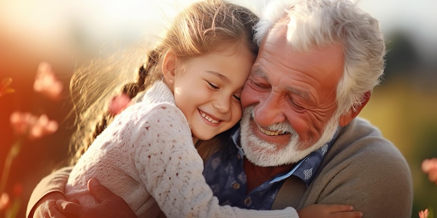 Una niña abraza a su abuelo en un paseo al aire libre en verano