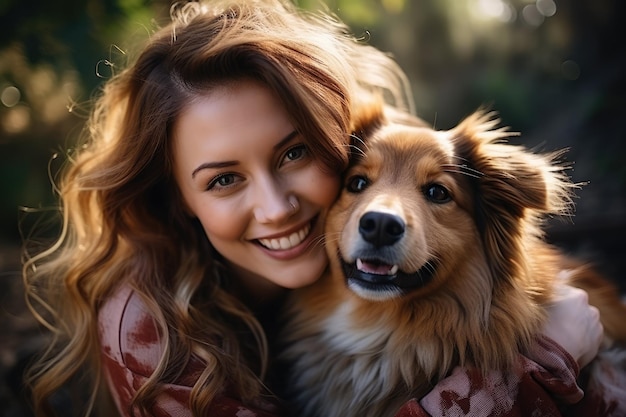 Una niña abraza a su perro después de un paseo en el parque