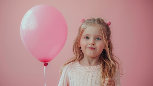 Niña abrazando un globo rosa sobre un fondo rosa pastel