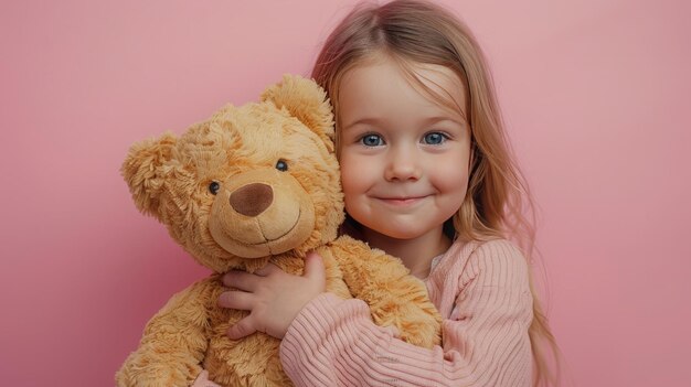 Niña abrazando un juguete de peluche en un fondo rosa pastel