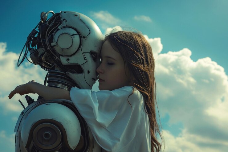 Foto una niña abrazando a un robot bajo un cielo azul claro con nubes blancas esponjosas en el fondo