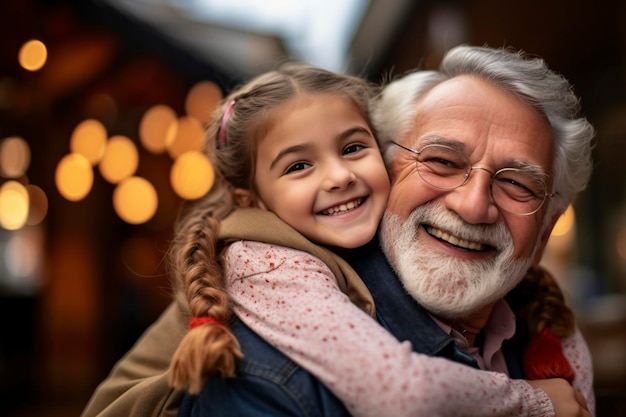 Niña abrazando a su abuelo en la casa de la familia