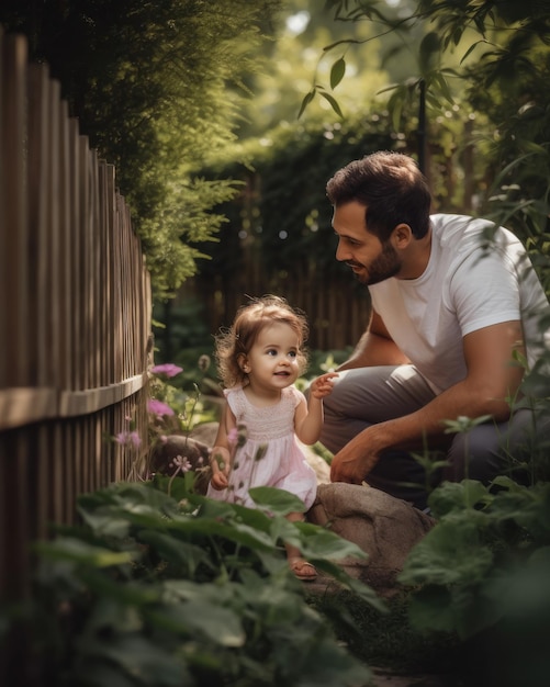 Niña abrazando a su padre sobre una pared blanca