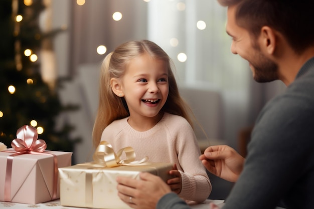 una niña abriendo un regalo sorprendida con sus padres detrás de ella sonriendo en tonos suaves