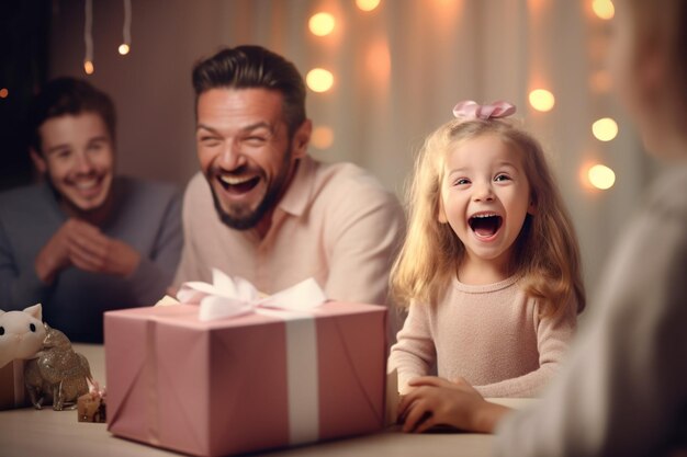 una niña abriendo un regalo sorprendida con sus padres detrás de ella sonriendo en tonos suaves