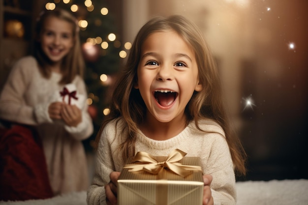 una niña abriendo un regalo sorprendida con sus padres detrás de ella sonriendo en tonos suaves