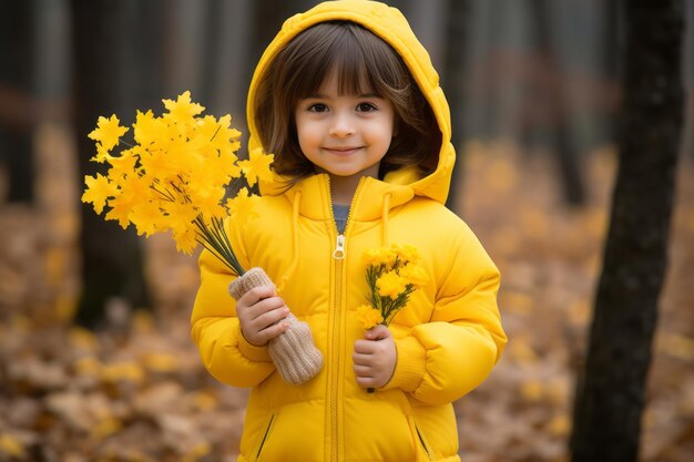 una niña con un abrigo amarillo sosteniendo flores amarillas