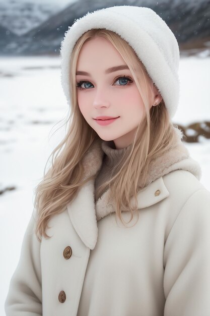 Niña con abrigo blanco y sombrero.