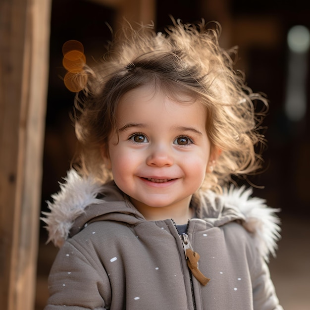 una niña con un abrigo gris sonriendo a la cámara