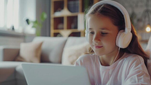 Una niña absorta en el aprendizaje en su portátil con auriculares