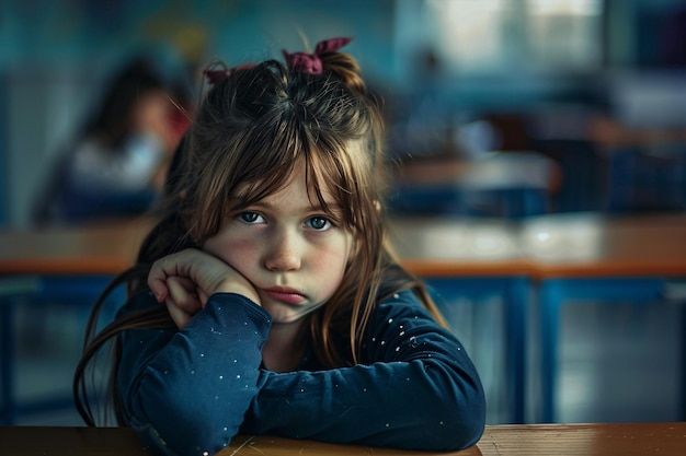 Niña aburrida en la escuela sentada en la mesa