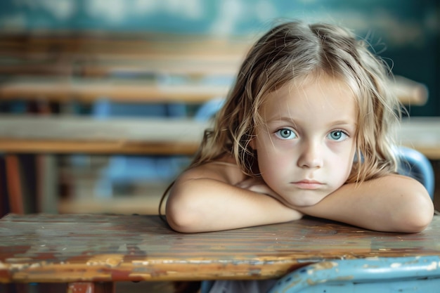 Niña aburrida sentada en la escuela