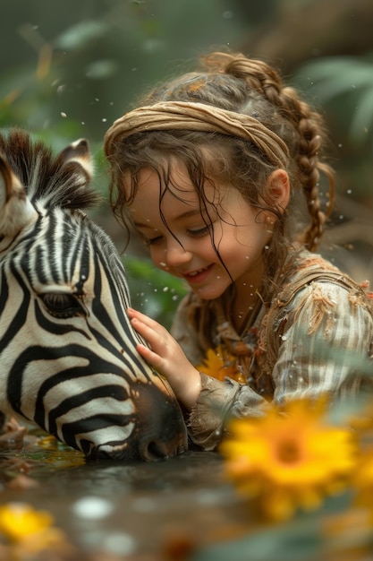 Foto una niña acaricia a una cebra en un bosque mágico con girasoles y mariposas.