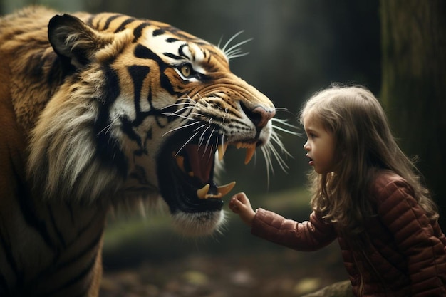 Foto una niña está acariciando a un tigre