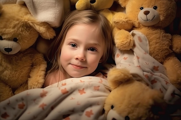 Una niña acostada en una cama con animales de peluche.