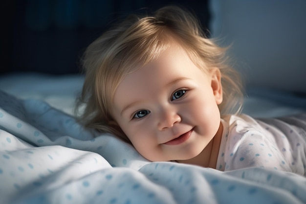 una niña acostada en la cama de buen humor