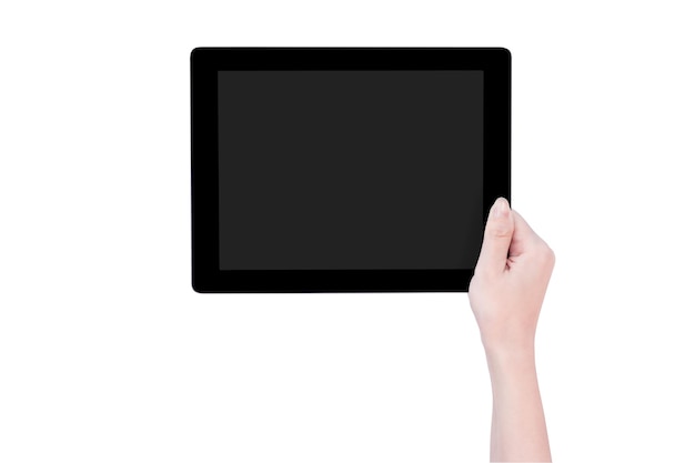 Niña adolescente hermosa sosteniendo una plantilla de PC tableta negra con pantalla gris aislada sobre fondo blanco de cerca maqueta de la ruta de recorte cortada