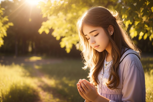 Niña adolescente con oración en la naturaleza soleada