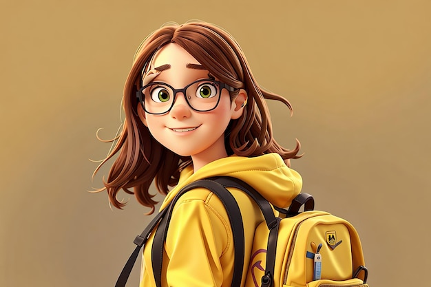 Niña adolescente de regreso a la escuela con gafas y mochila escolar en amarillo