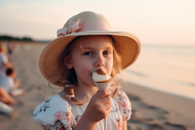 Una niña adorable comiendo helado en la playa al atardecer.