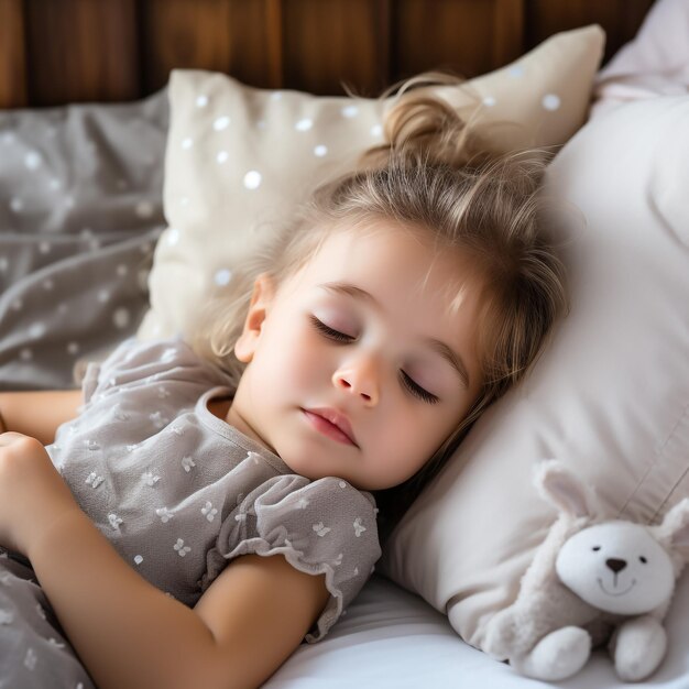 Una niña adorable durmiendo con un juguete en su cama.